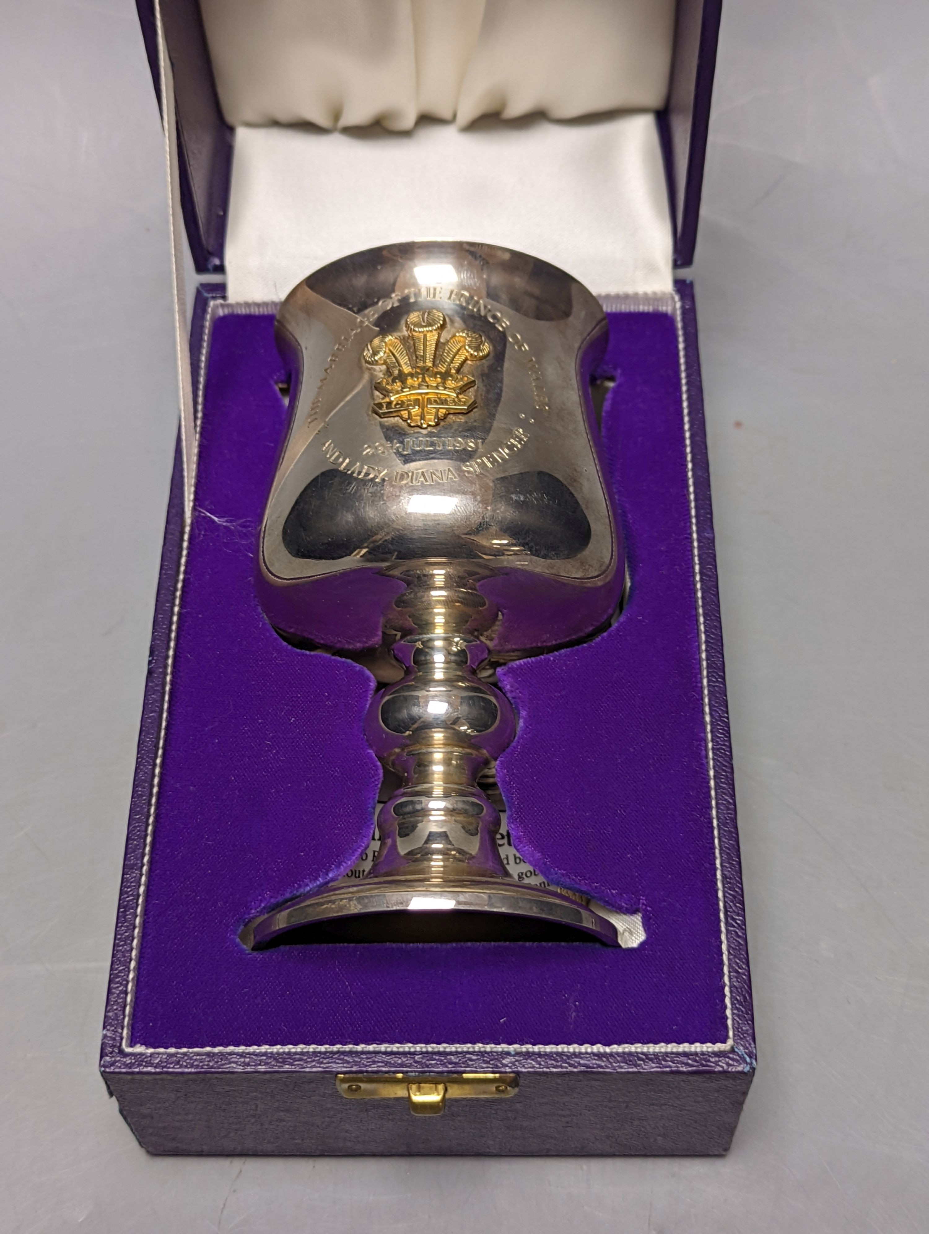 A Prince Charles and Princess Diana wedding commemorative silver goblet, cased, 13cm, 5.5oz.